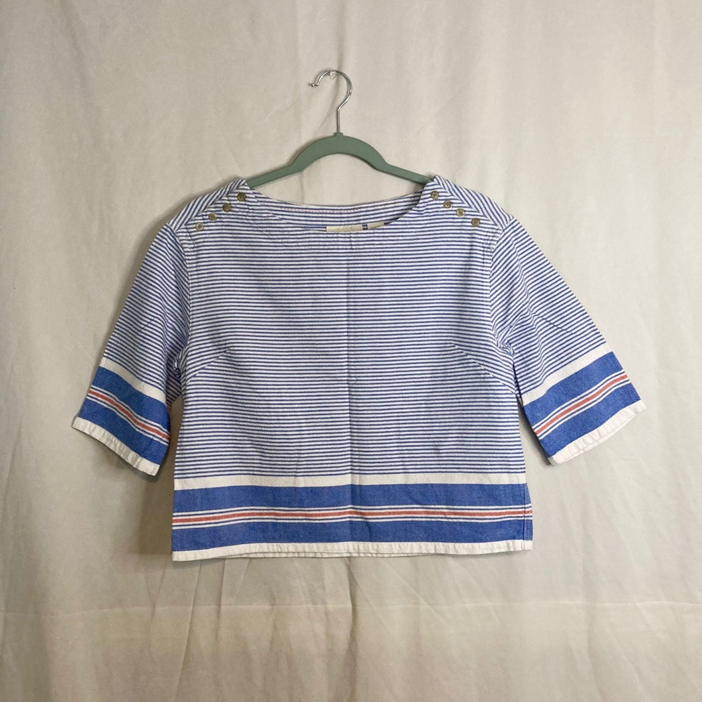 Maeve Anthropologie Blue White Striped Boatneck Cropped Top Button Shoulder XS